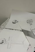 art collection of black and white skeleton drawings on white paper with a plain background promoting proof skateboards 