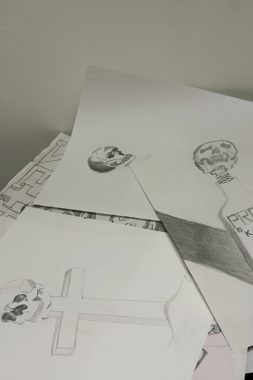 art collection of black and white skeleton drawings on white paper with a plain background promoting proof skateboards 